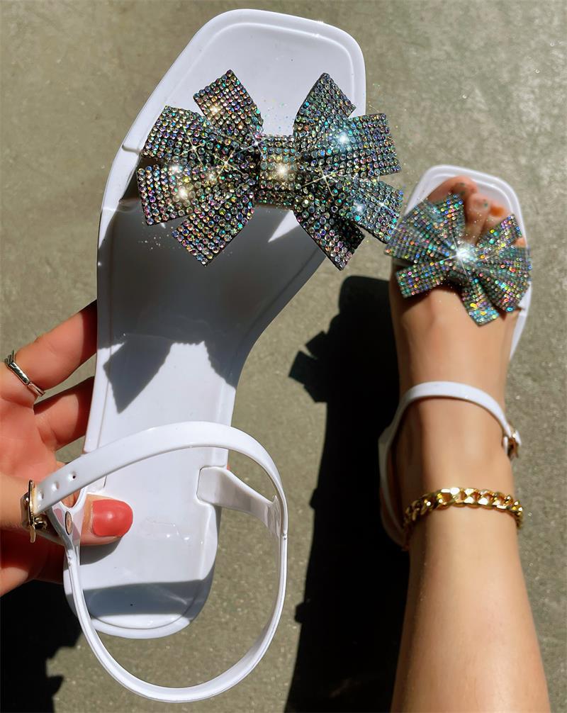 Zapatos casuales de patchwork con lazo y diamantes de imitación cuadrados, cómodos para exteriores
