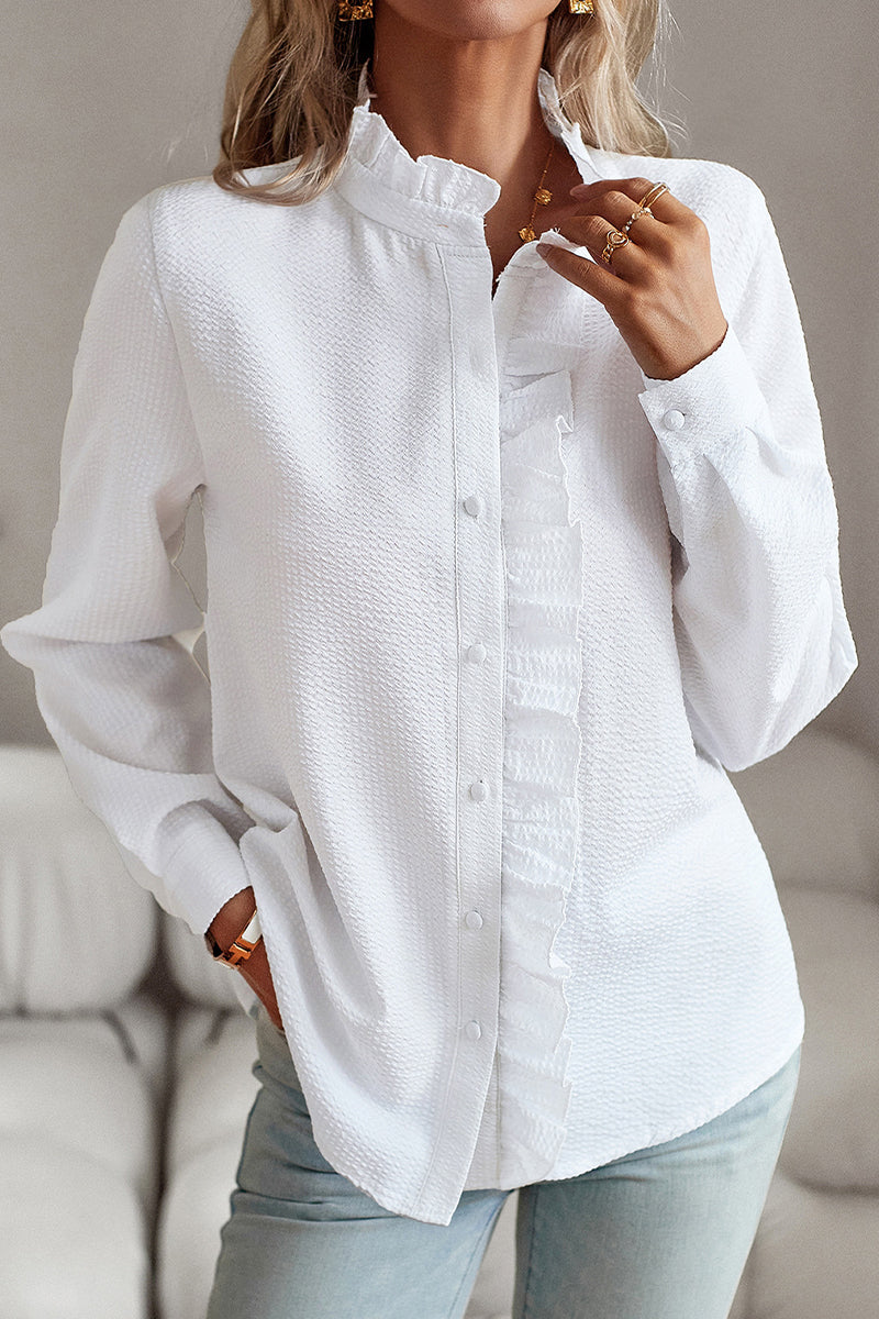 Blusas de estilo británico con cuello de hoja de loto y patchwork liso (4 colores)