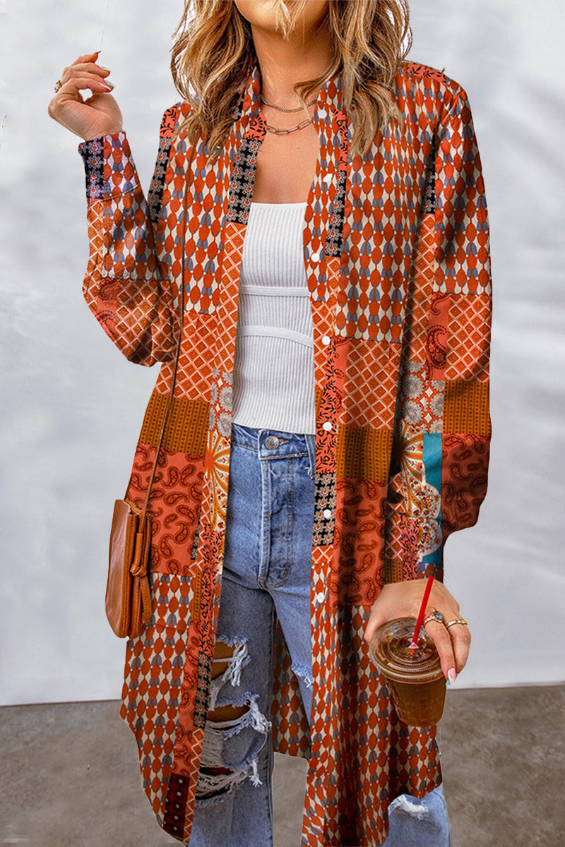 Blusa con cuello vuelto, estampado geométrico y contraste, estilo bohemio universitario (7 colores)