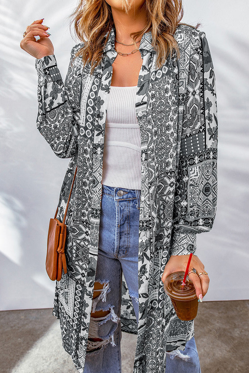 Blusa con cuello vuelto, estampado geométrico y contraste, estilo bohemio universitario (7 colores)