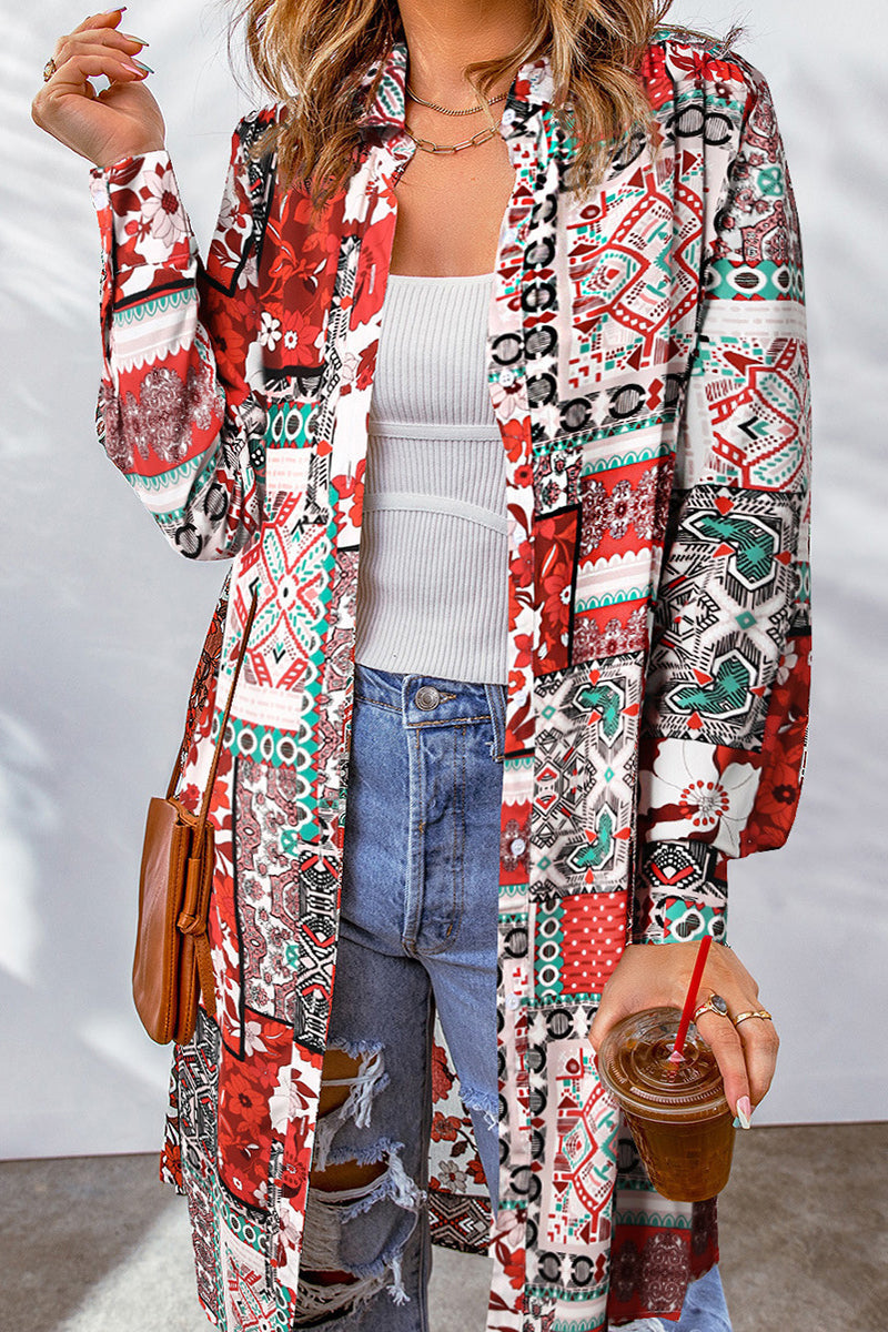 Blusa con cuello vuelto, estampado geométrico y contraste, estilo bohemio universitario (7 colores)