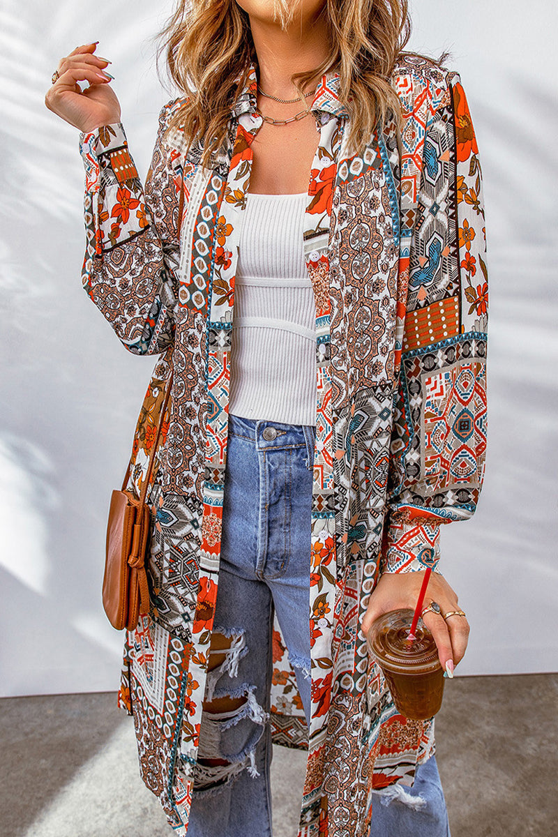 Blusa con cuello vuelto, estampado geométrico y contraste, estilo bohemio universitario (7 colores)