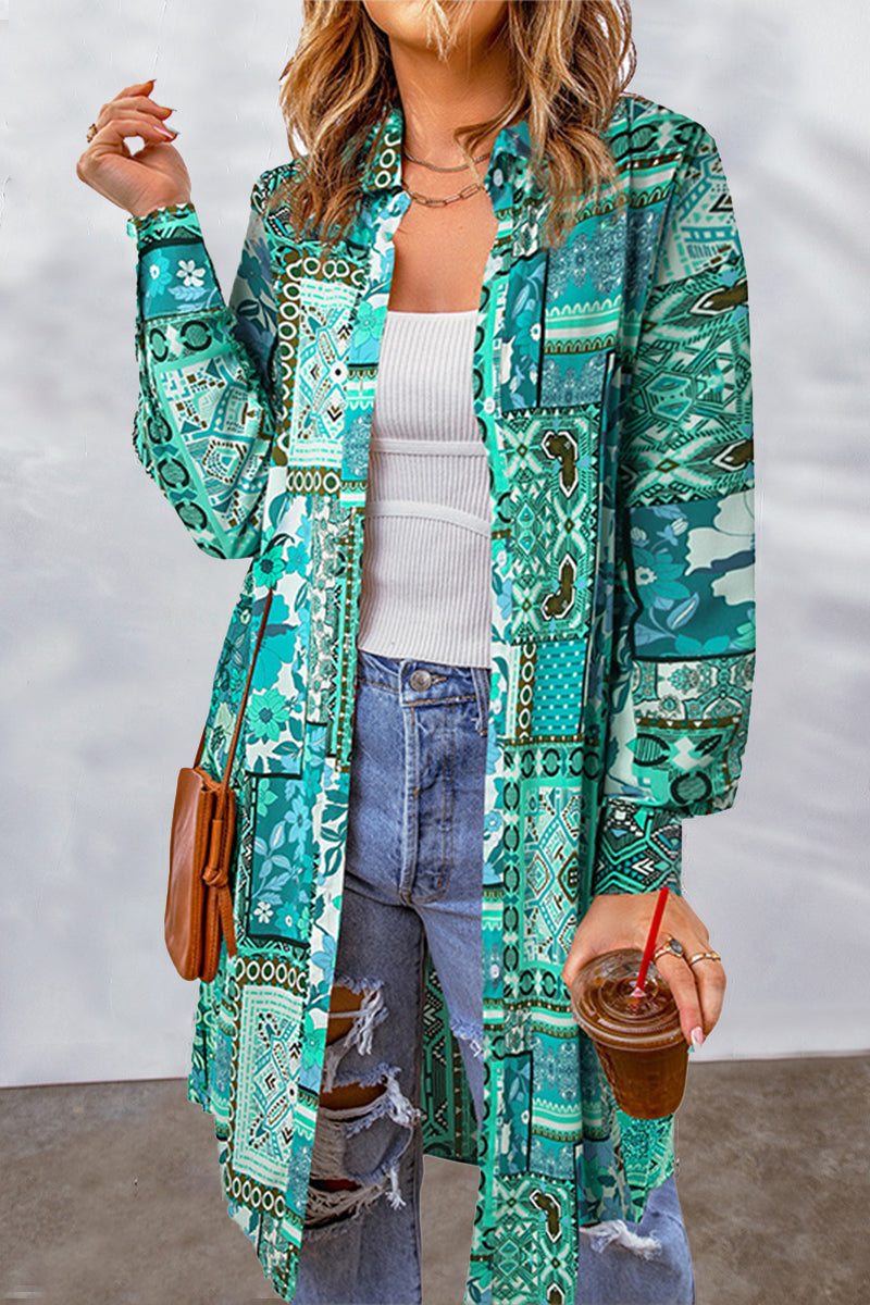 Blusa con cuello vuelto, estampado geométrico y contraste, estilo bohemio universitario (7 colores)