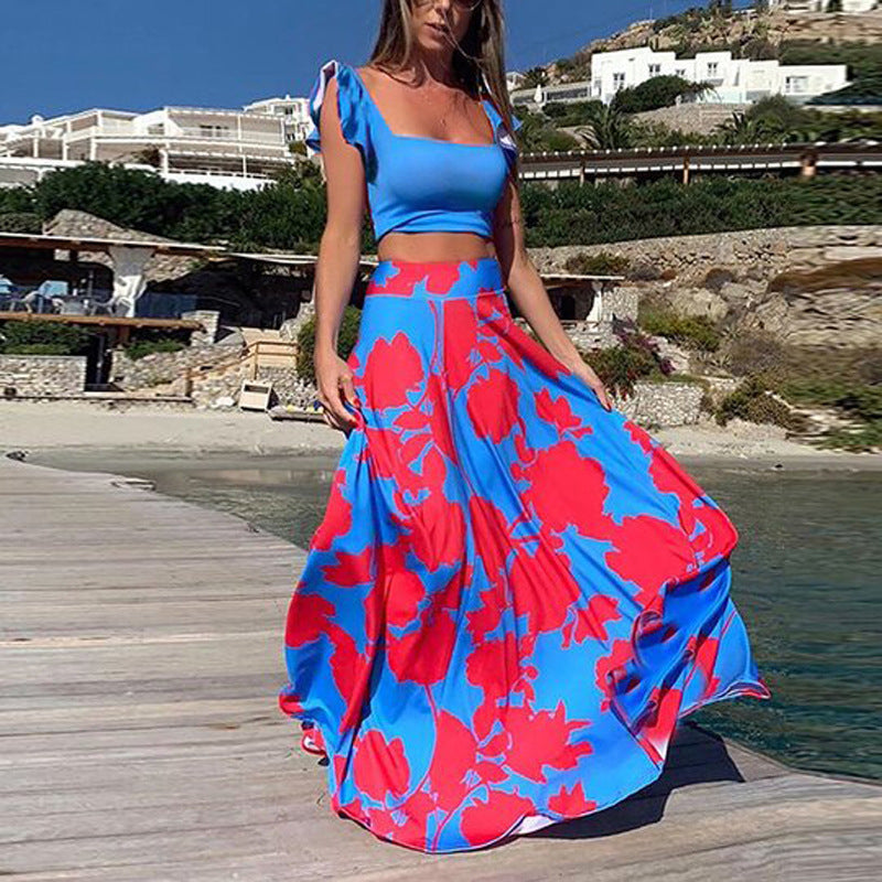 Conjunto de dos piezas de vestido sin mangas con estampado bohemio sexy para mujer de verano