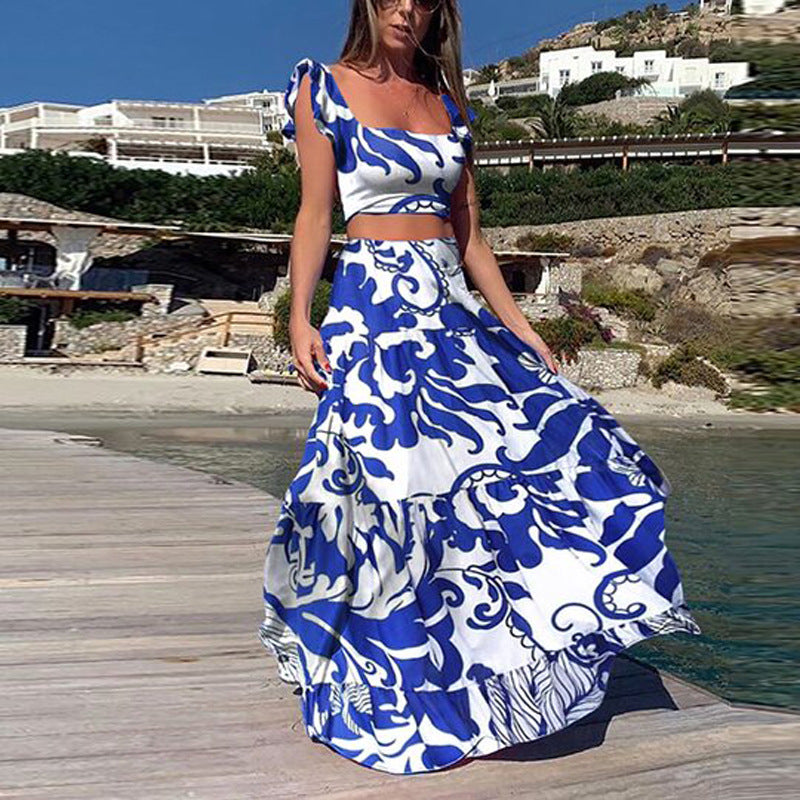 Conjunto de dos piezas de vestido sin mangas con estampado bohemio sexy para mujer de verano