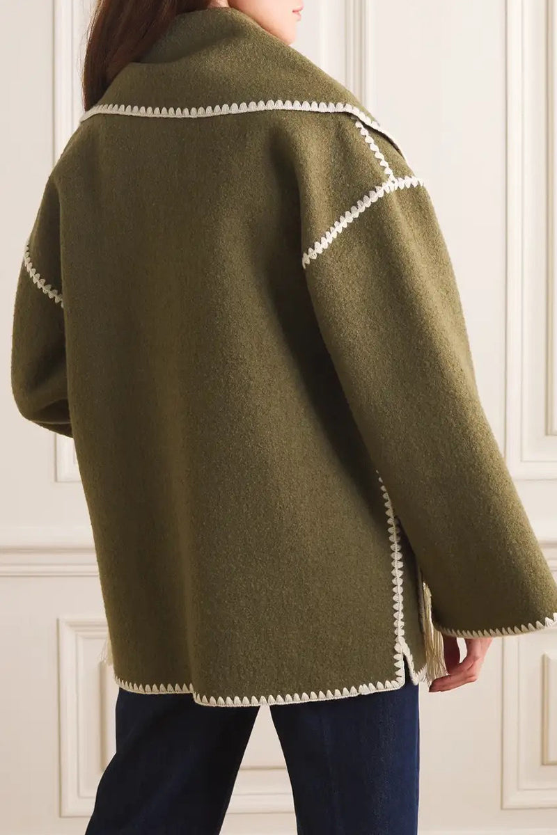 Prenda de abrigo informal estilo británico con borlas lisas y cuello tipo bufanda en contraste (5 colores)