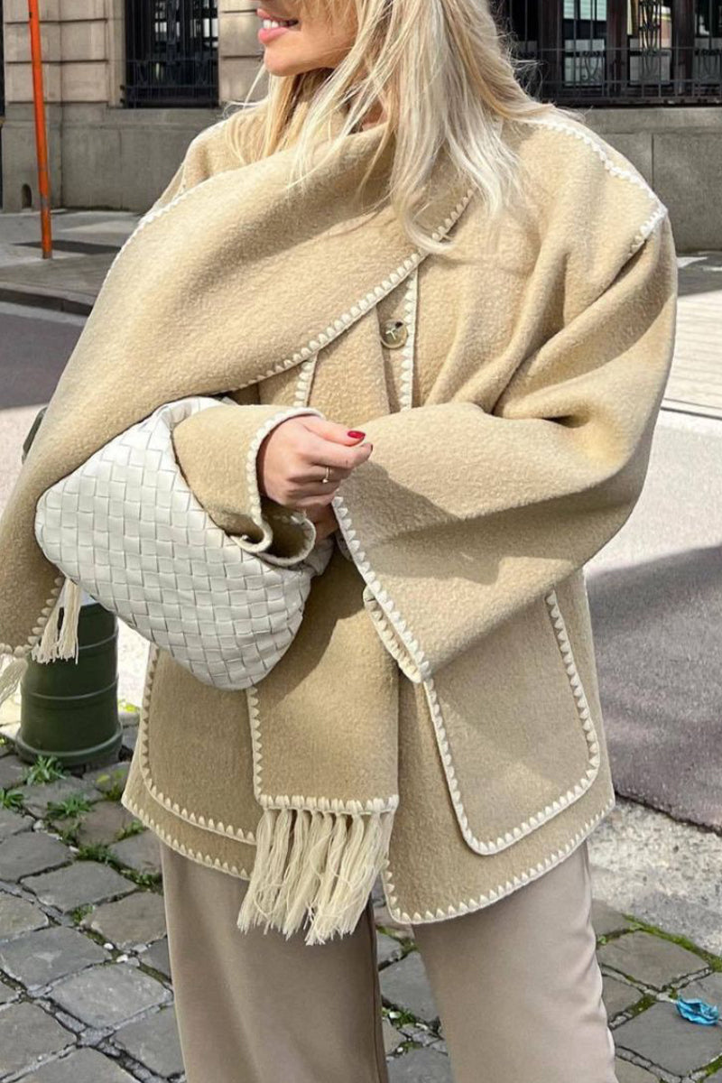 Prenda de abrigo informal estilo británico con borlas lisas y cuello tipo bufanda en contraste (5 colores)