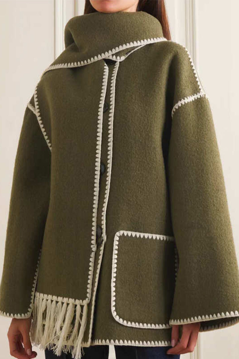 Prenda de abrigo informal estilo británico con borlas lisas y cuello tipo bufanda en contraste (5 colores)