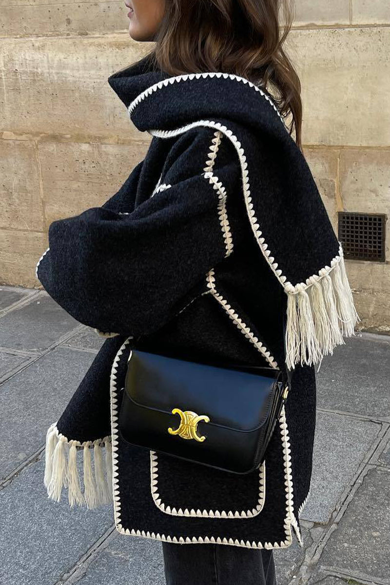 Prenda de abrigo informal estilo británico con borlas lisas y cuello tipo bufanda en contraste (5 colores)