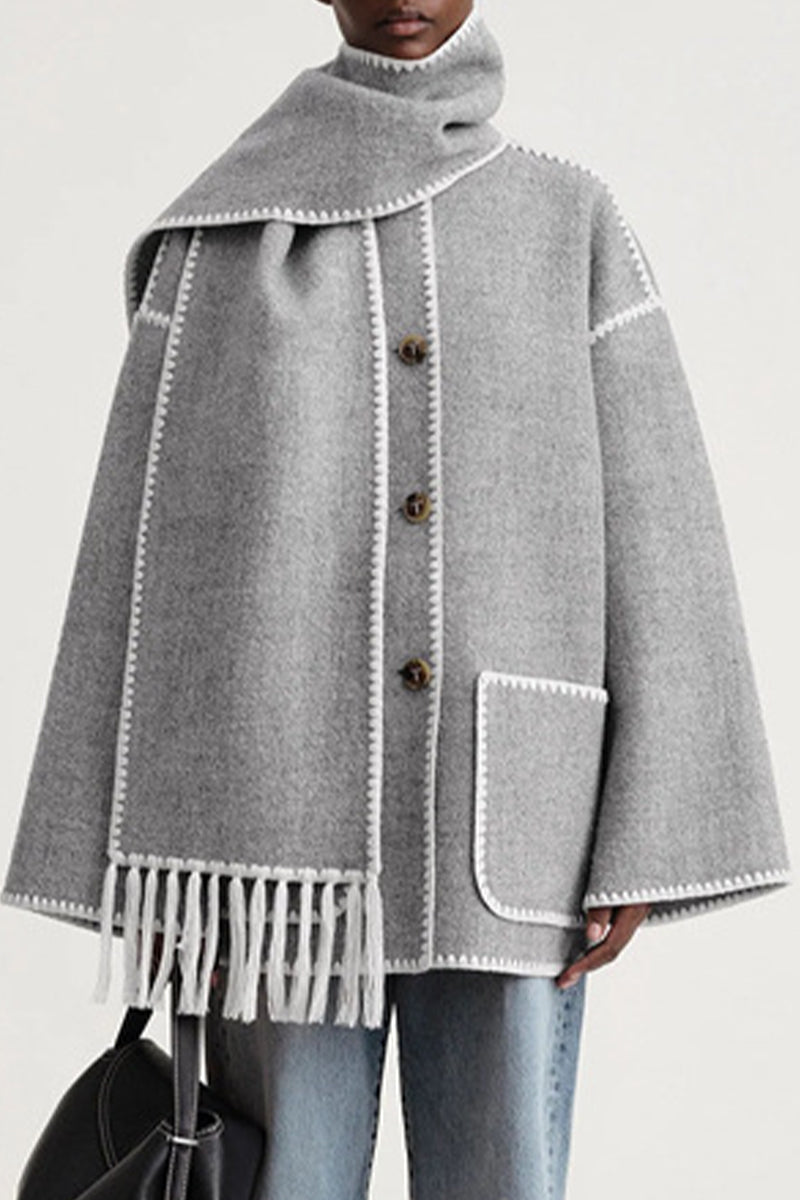 Prenda de abrigo informal estilo británico con borlas lisas y cuello tipo bufanda en contraste (5 colores)
