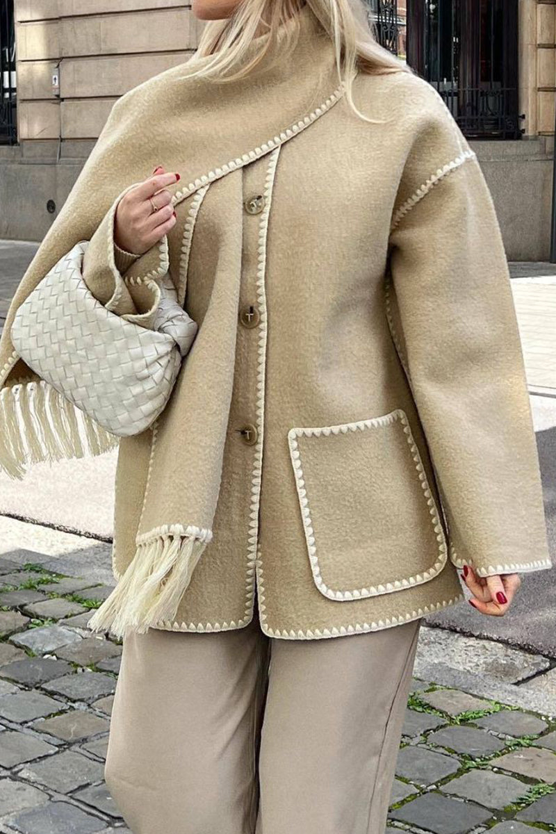Prenda de abrigo informal estilo británico con borlas lisas y cuello tipo bufanda en contraste (5 colores)