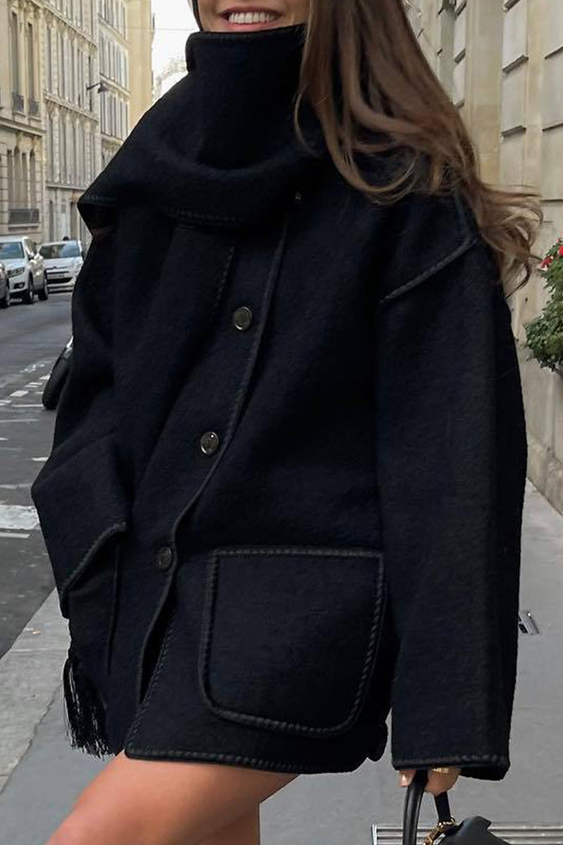 Prenda de abrigo informal estilo británico con borlas lisas y cuello tipo bufanda en contraste (5 colores)
