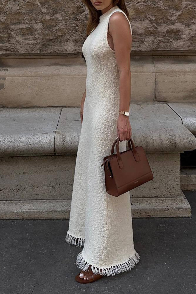 Vestido informal sin mangas con cuello redondo y borlas sólidas