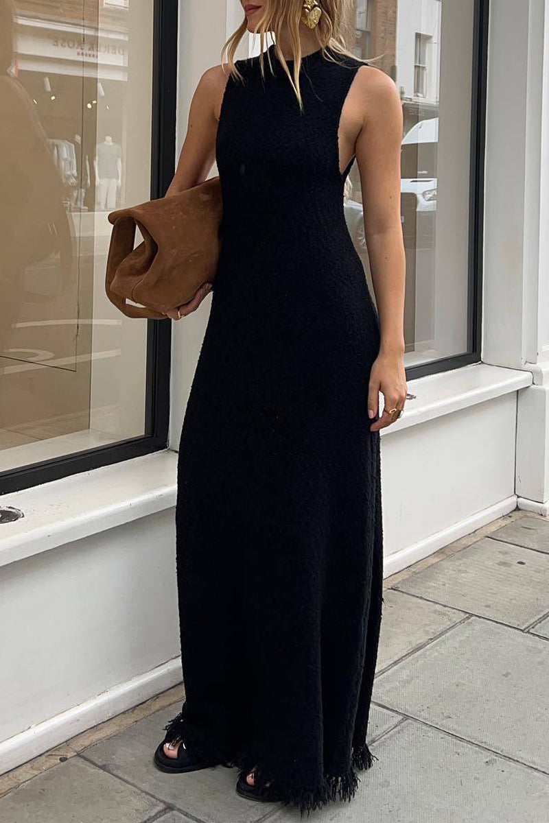 Vestido informal sin mangas con cuello redondo y borlas sólidas
