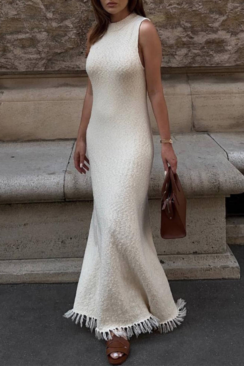 Vestido informal sin mangas con cuello redondo y borlas sólidas