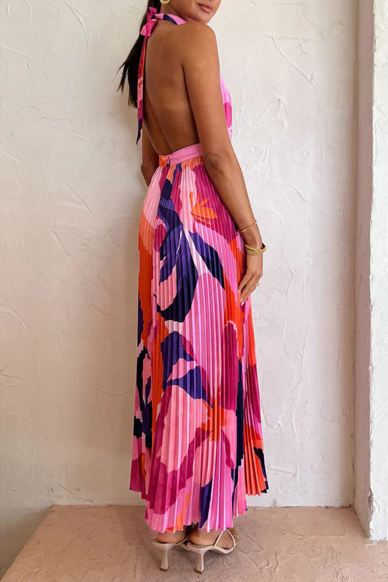 Vestido sexy de vacaciones con estampado de cambio gradual, pliegues, contraste, cuello halter, sin mangas