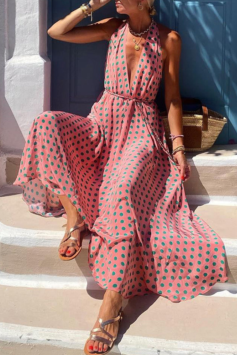 Vestido sexy de vacaciones con estampado geométrico, sin espalda, estilo halter y sin mangas
