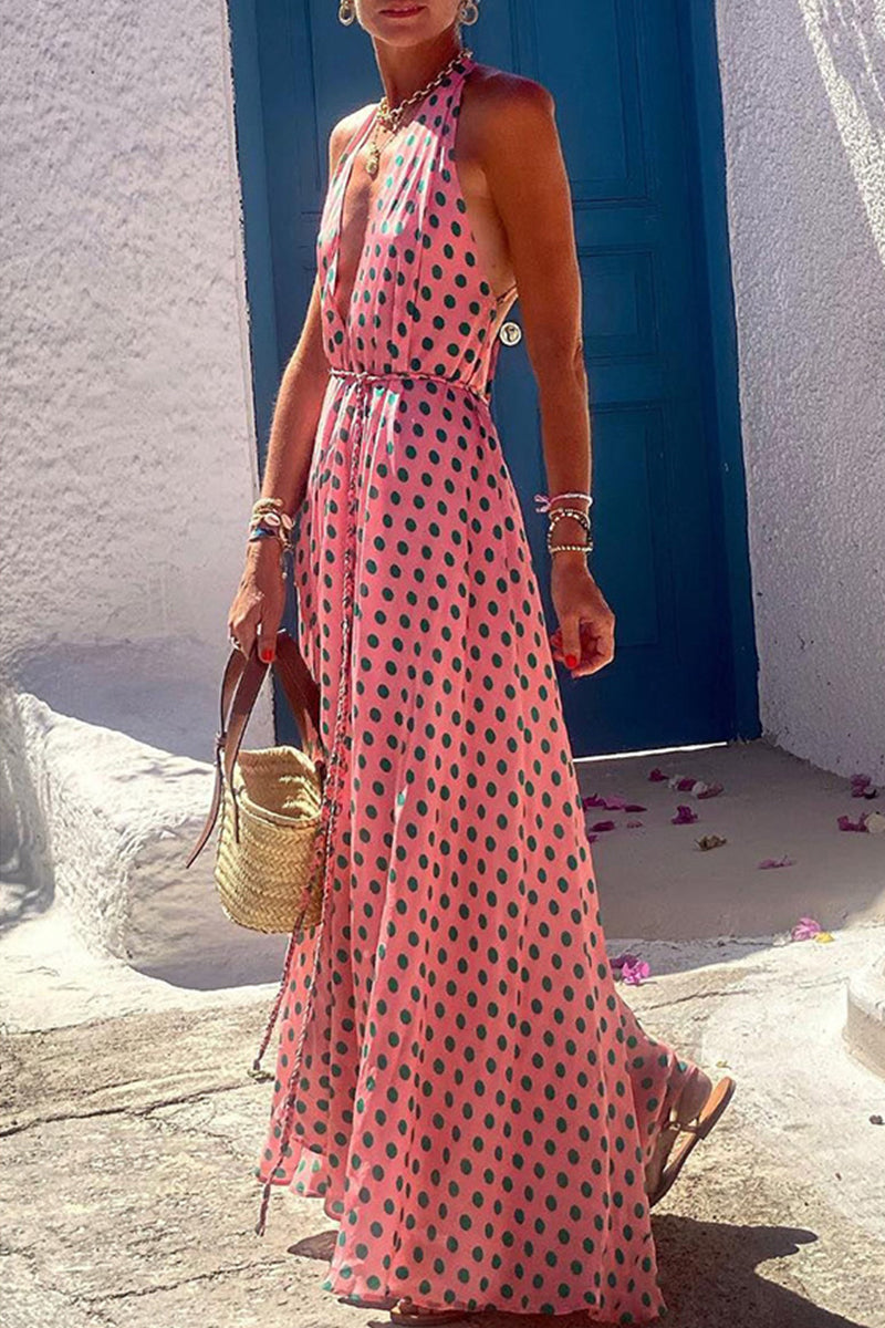 Vestido sexy de vacaciones con estampado geométrico, sin espalda, estilo halter y sin mangas