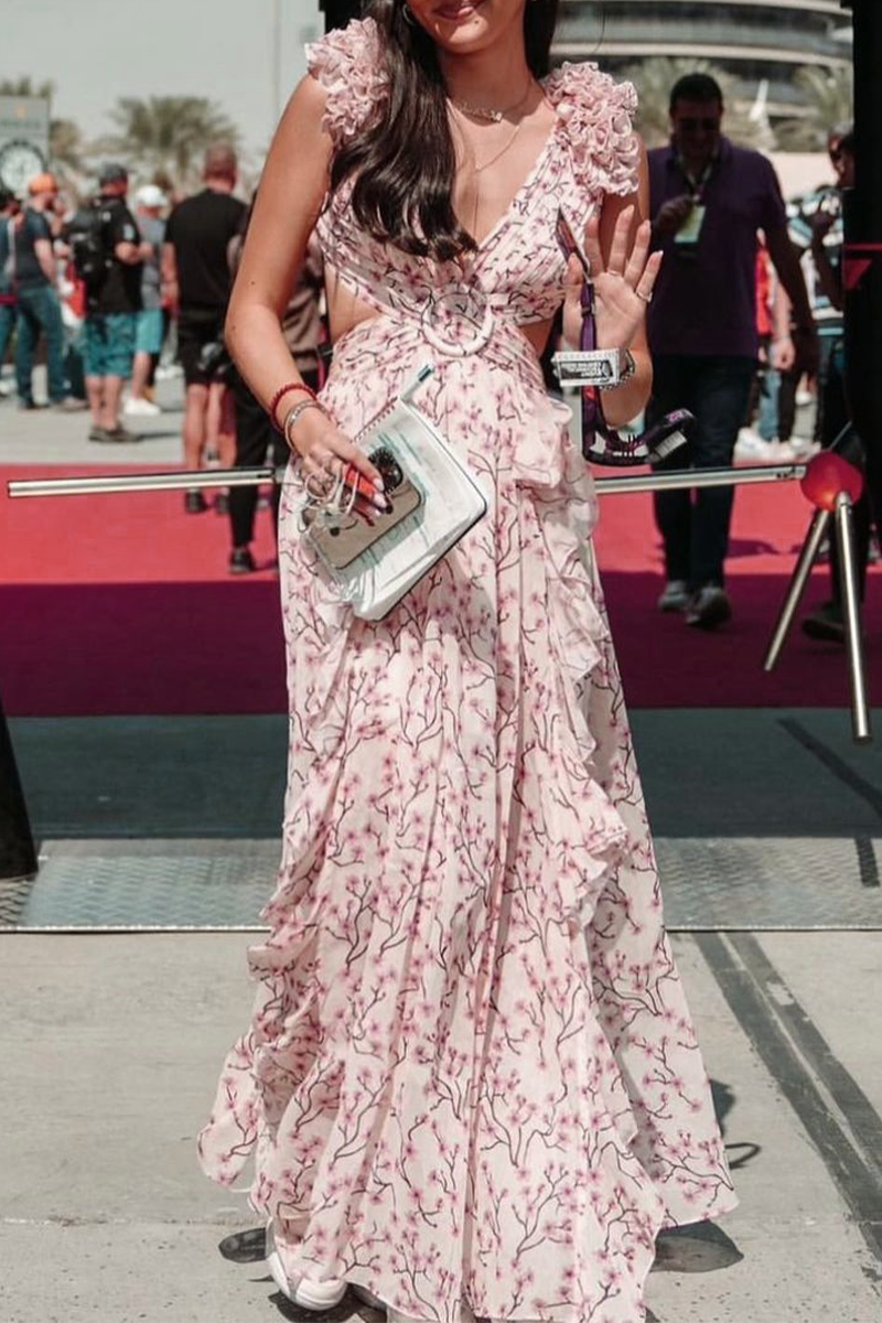 Vestido sexy sin mangas con escote en V y volantes con estampado floral