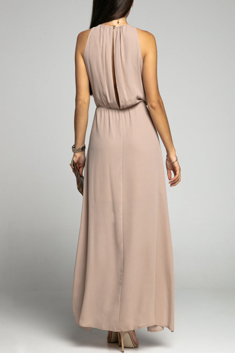 Elegante vestido liso sin espalda con abertura y cuello redondo sin mangas