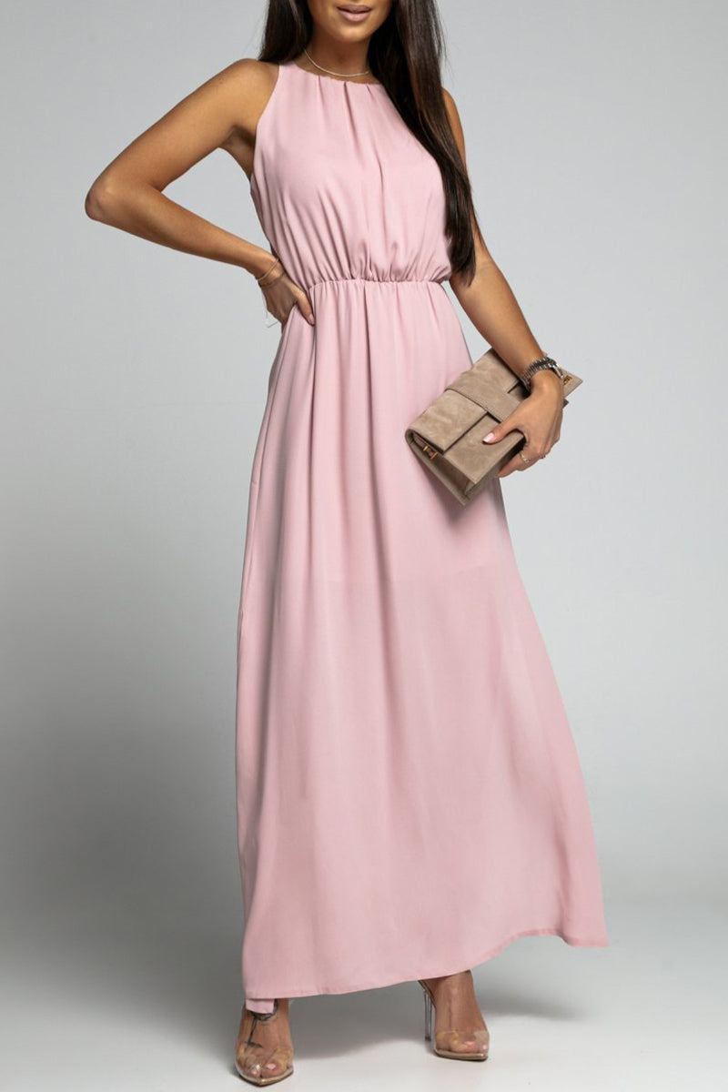 Elegante vestido liso sin espalda con abertura y cuello redondo sin mangas