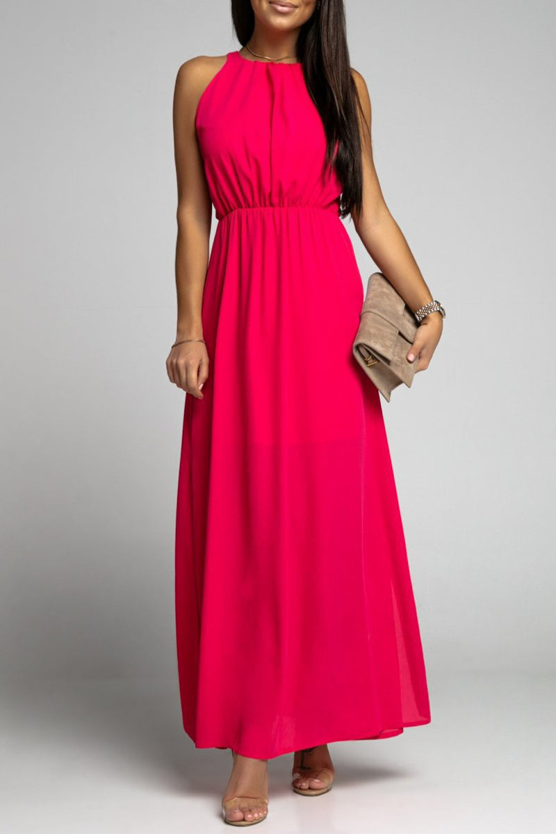 Elegante vestido liso sin espalda con abertura y cuello redondo sin mangas