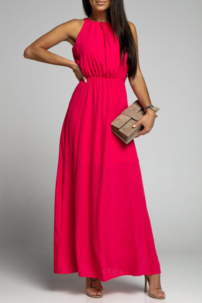 Elegante vestido liso sin espalda con abertura y cuello redondo sin mangas