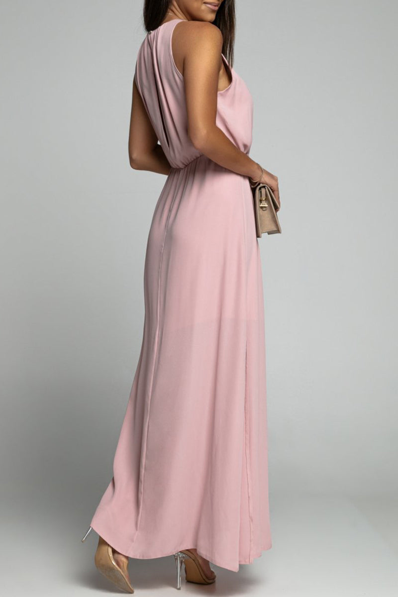 Elegante vestido liso sin espalda con abertura y cuello redondo sin mangas