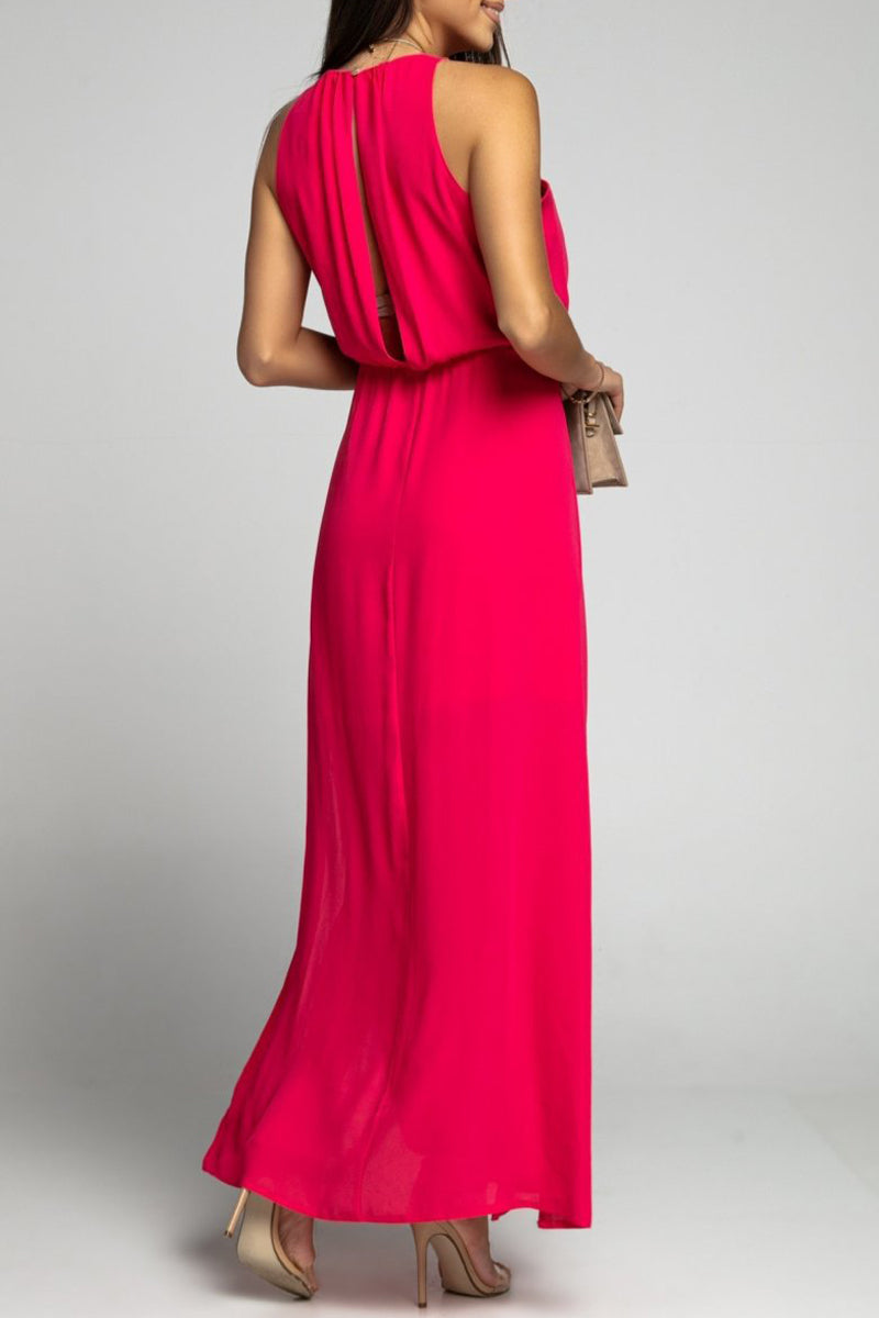 Elegante vestido liso sin espalda con abertura y cuello redondo sin mangas