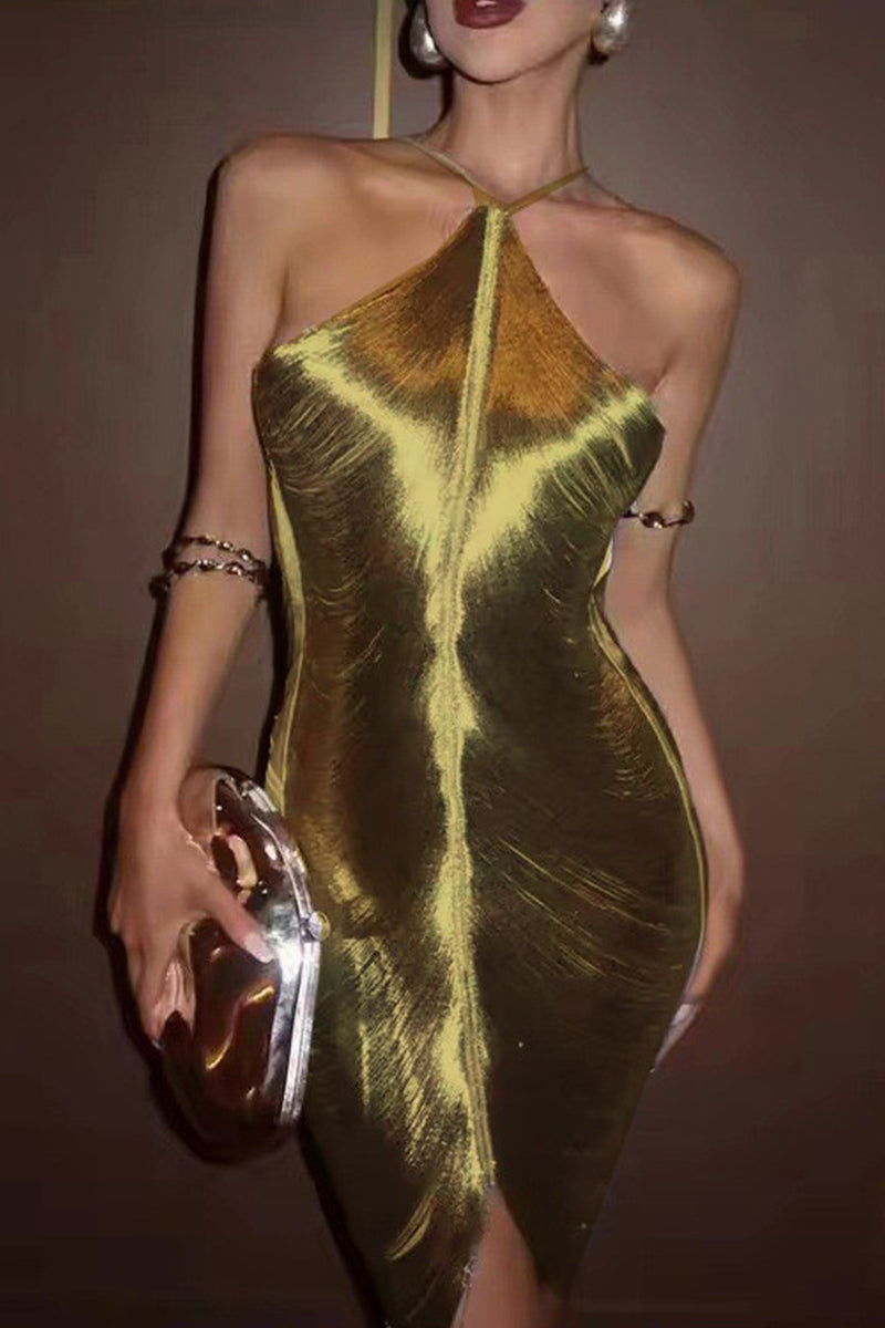 Vestido sexy sin mangas con cuello halter, espalda descubierta y borlas sólidas