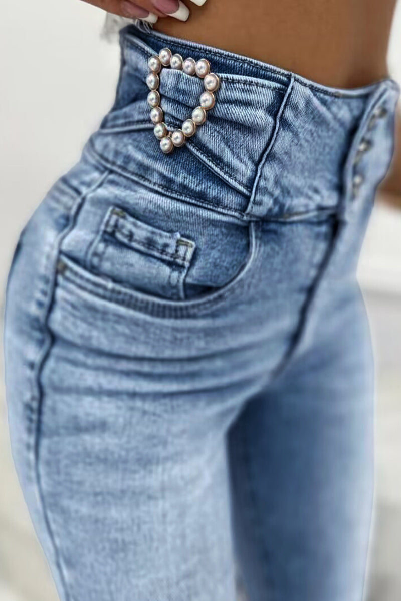 Vaqueros ajustados de cintura alta con perlas lisas y sexys