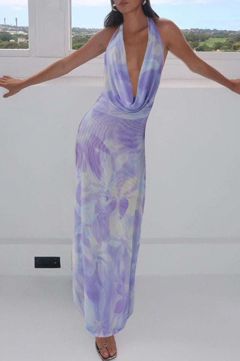 Conjunto de dos piezas sin mangas con cuello de bufanda, espalda descubierta y estampado de cambio gradual sexy