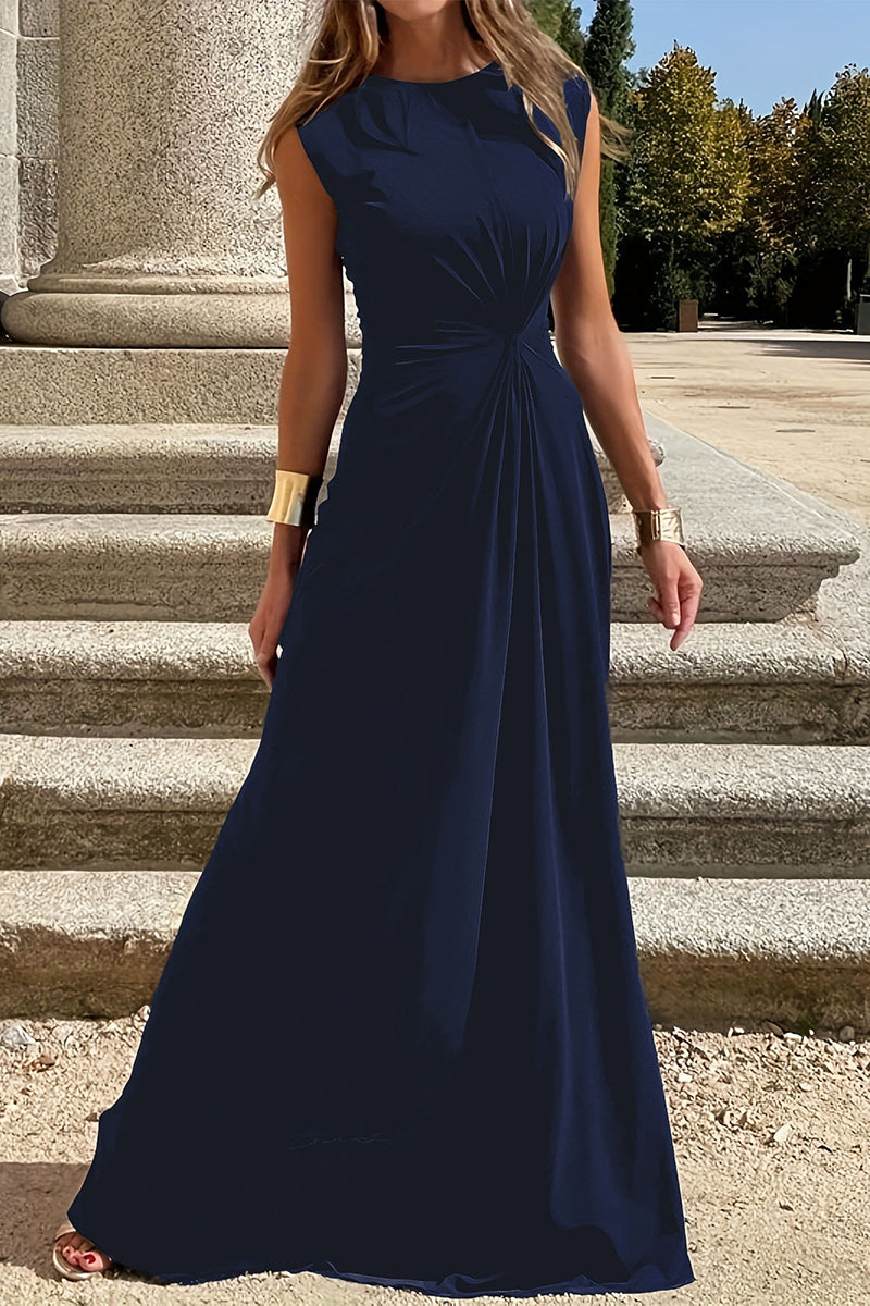 Vestidos elegantes y sencillos con cuello redondo y pliegues sólidos (6 colores)