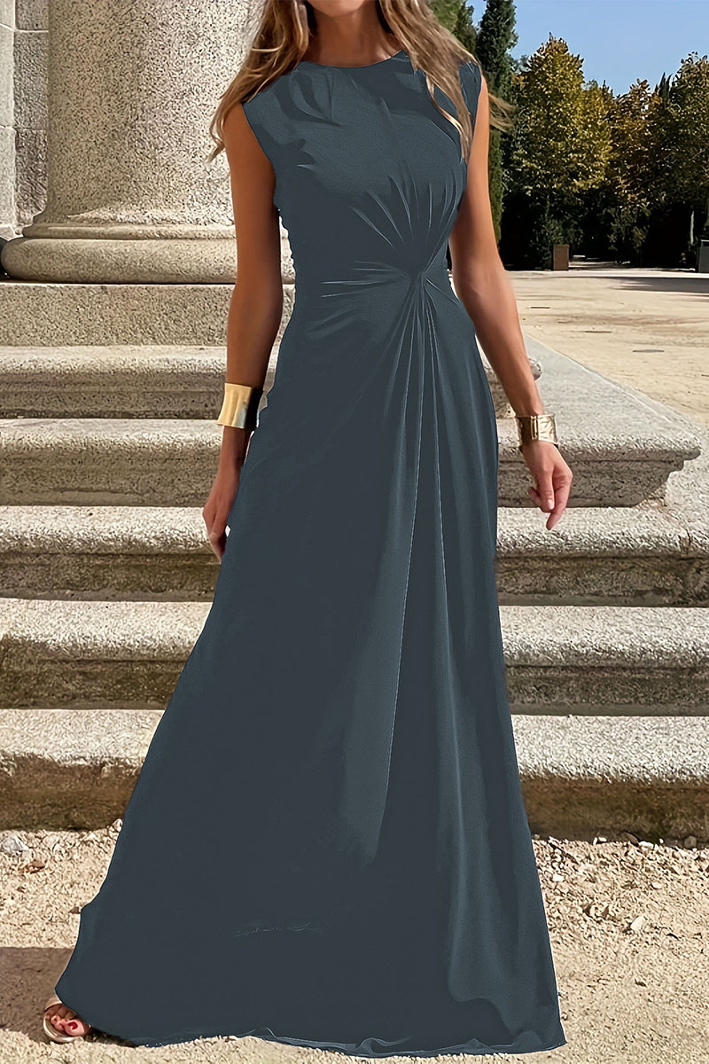 Vestidos elegantes y sencillos con cuello redondo y pliegues sólidos (6 colores)