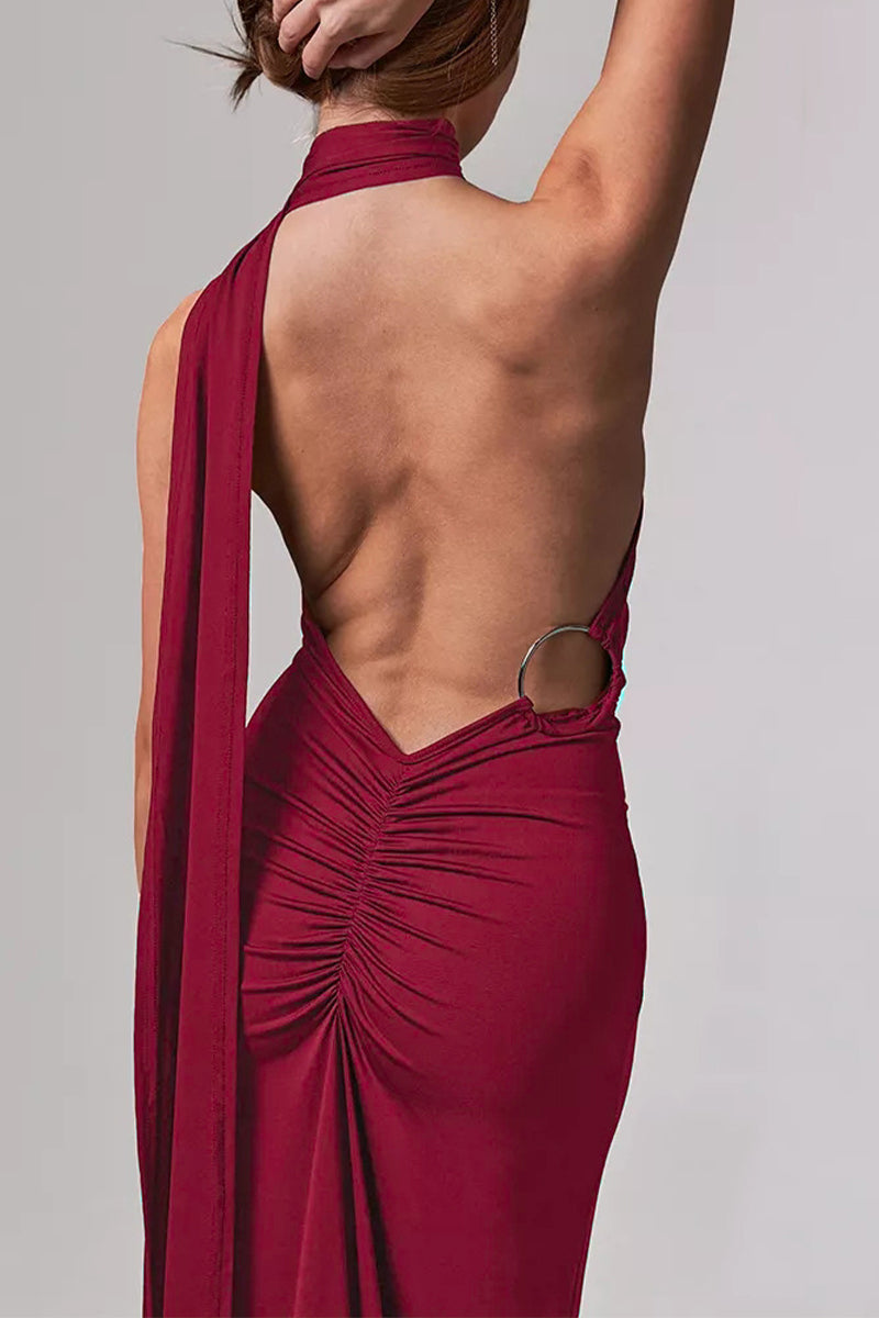 Vestidos irregulares sexis con cuello de bufanda, sin espalda y pliegues
