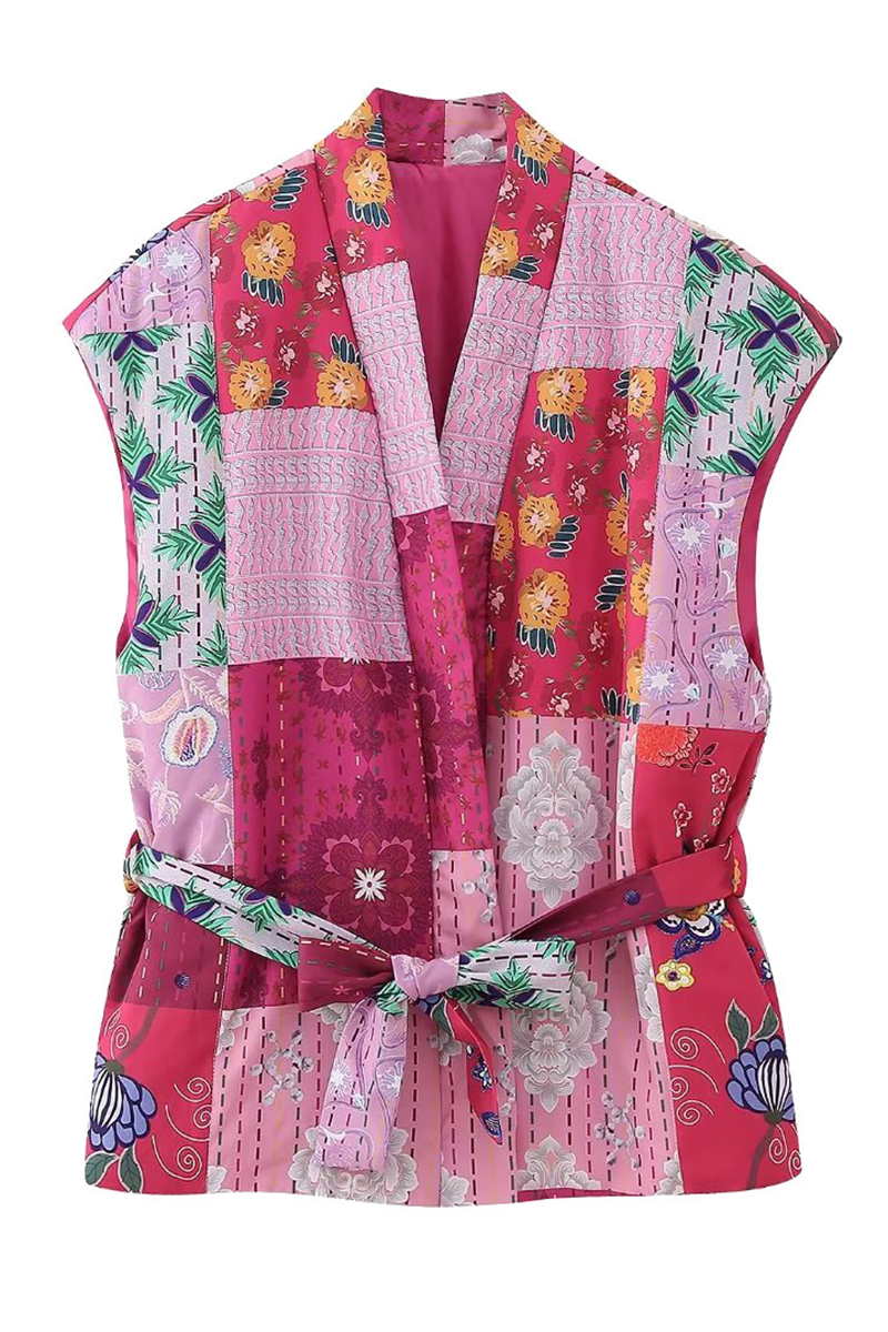 Tops casuales de calle con estampado floral, cordones, patchwork y cuello en V en contraste