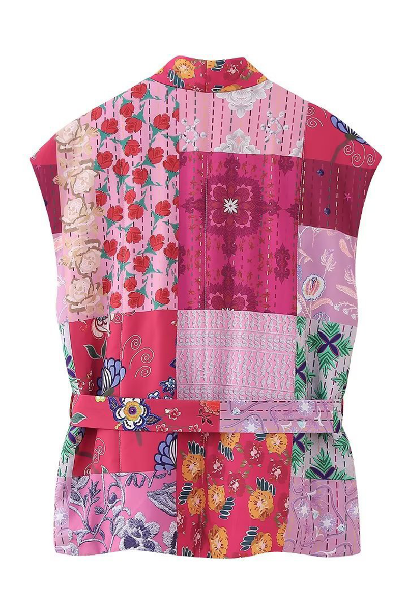 Tops casuales de calle con estampado floral, cordones, patchwork y cuello en V en contraste