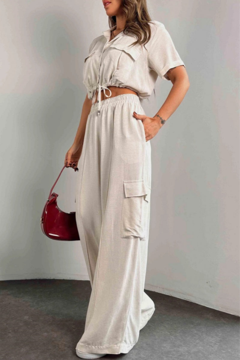 Casua Buttons Belted Turndown Collar Short Sleeve Two Pieces(3 Colors)