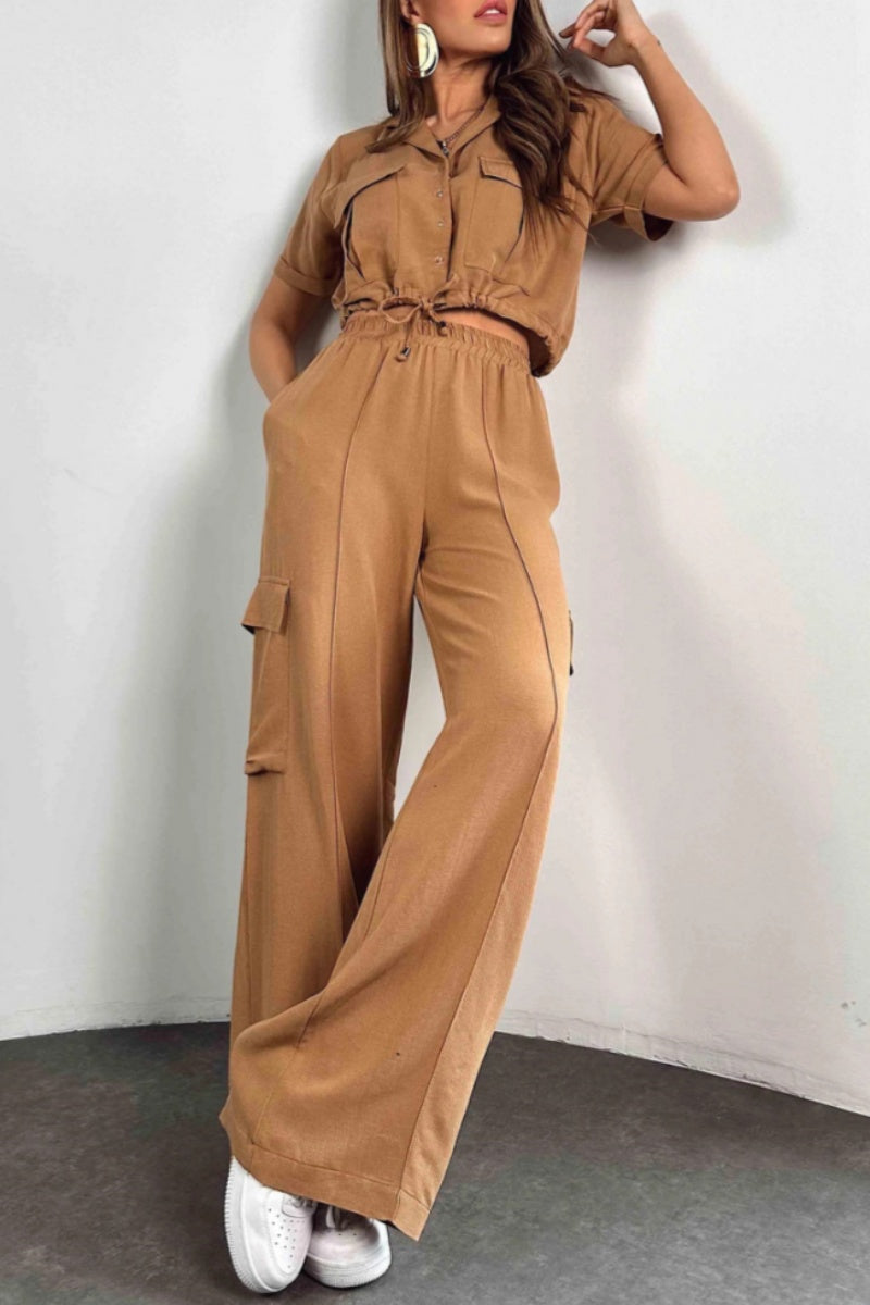 Casua Buttons Belted Turndown Collar Short Sleeve Two Pieces(3 Colors)