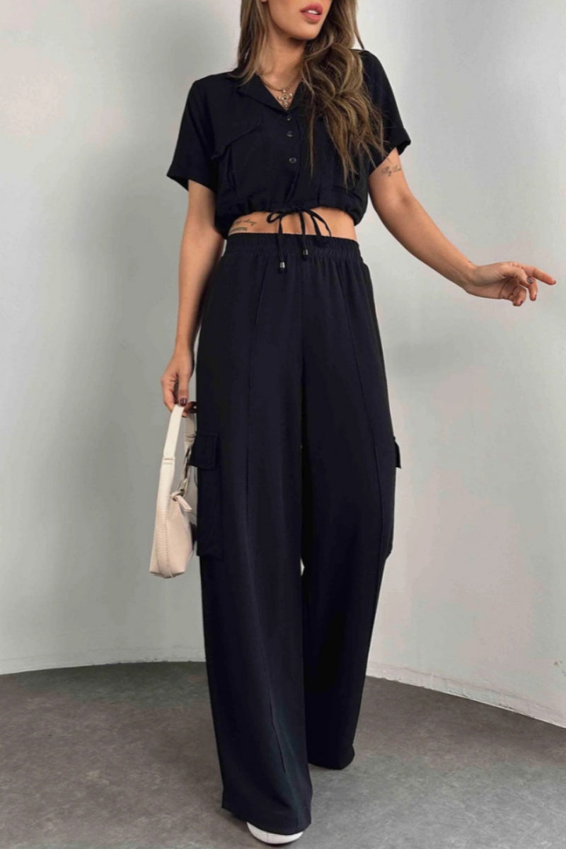 Casua Buttons Belted Turndown Collar Short Sleeve Two Pieces(3 Colors)