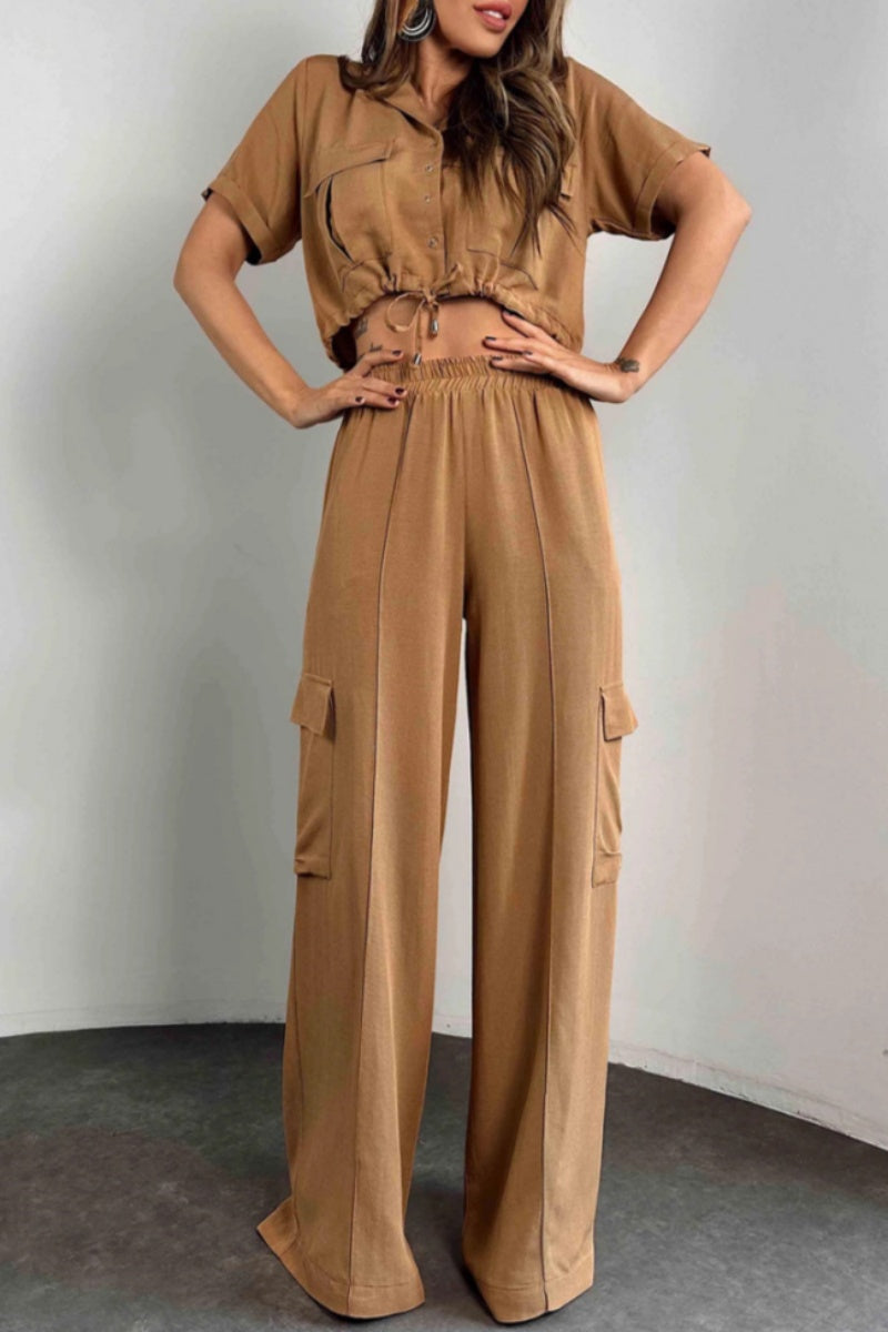 Casua Buttons Belted Turndown Collar Short Sleeve Two Pieces(3 Colors)