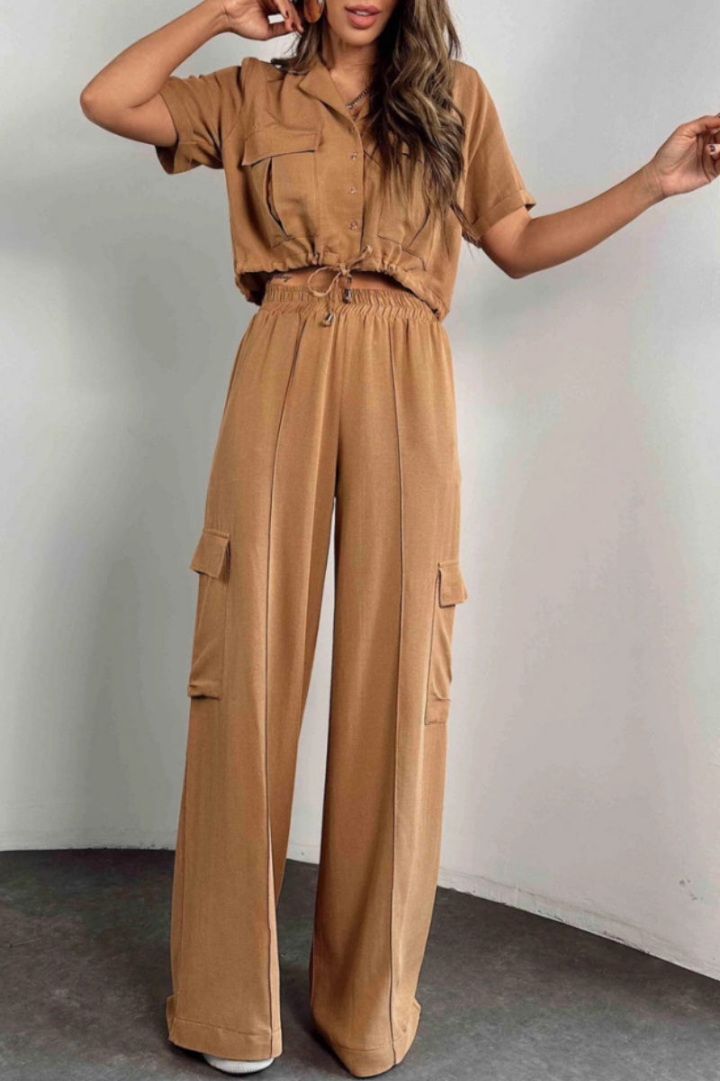 Casua Buttons Belted Turndown Collar Short Sleeve Two Pieces(3 Colors)