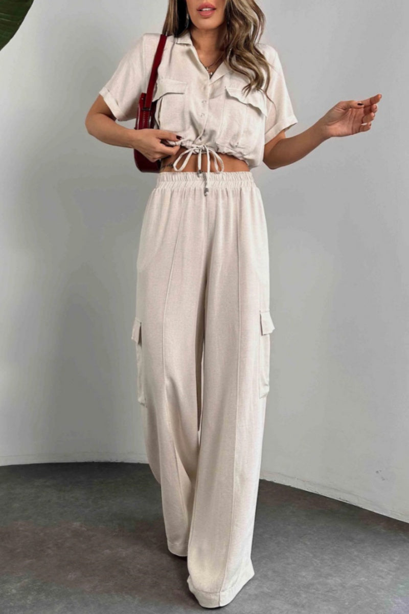 Casua Buttons Belted Turndown Collar Short Sleeve Two Pieces(3 Colors)