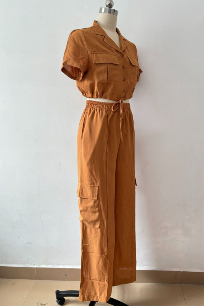 Casua Buttons Belted Turndown Collar Short Sleeve Two Pieces(3 Colors)