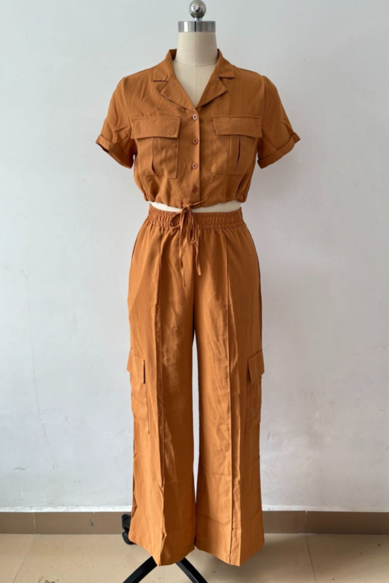 Casua Buttons Belted Turndown Collar Short Sleeve Two Pieces(3 Colors)