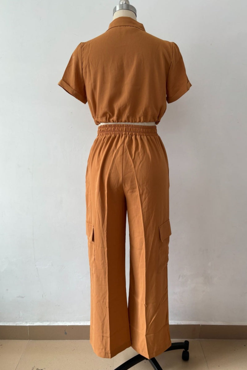 Casua Buttons Belted Turndown Collar Short Sleeve Two Pieces(3 Colors)