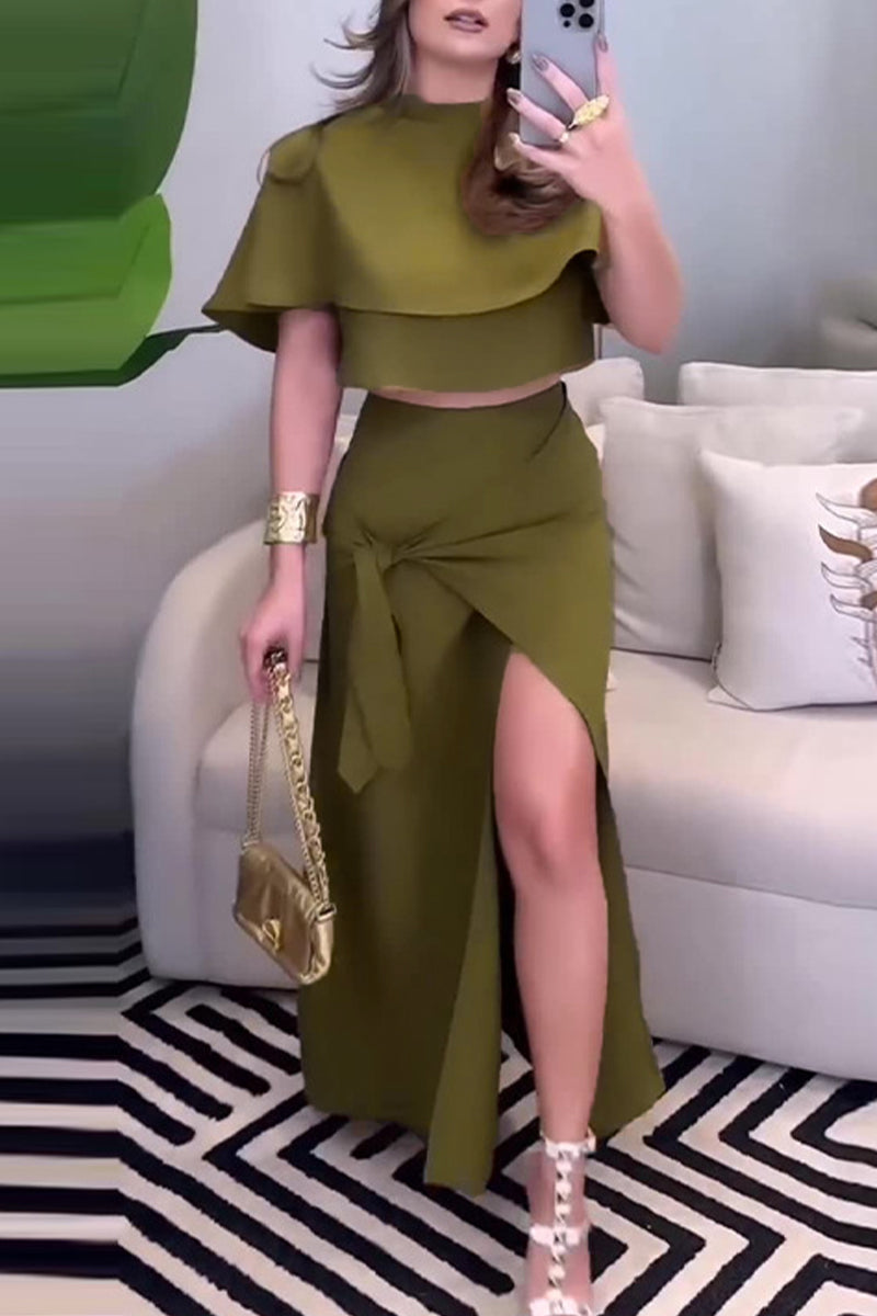 Conjunto de dos piezas de manga corta con cuello chal irregular y abertura en color liso sexy