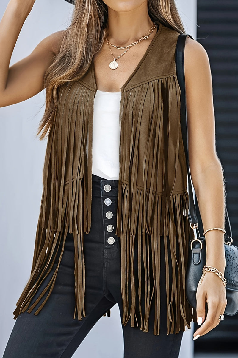 Chalecos casuales de color liso con flecos y cuello en V (6 colores)