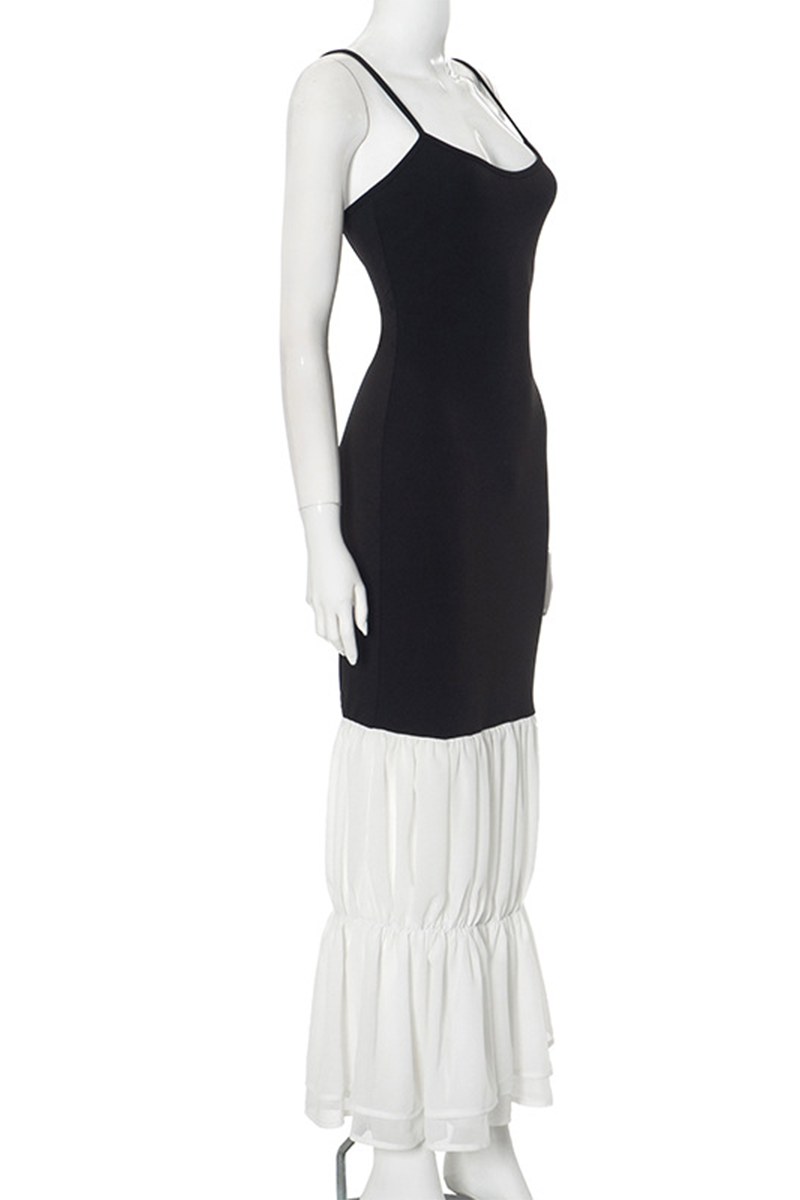 Vestidos sexys con escote en U, espalda descubierta y volantes en contraste