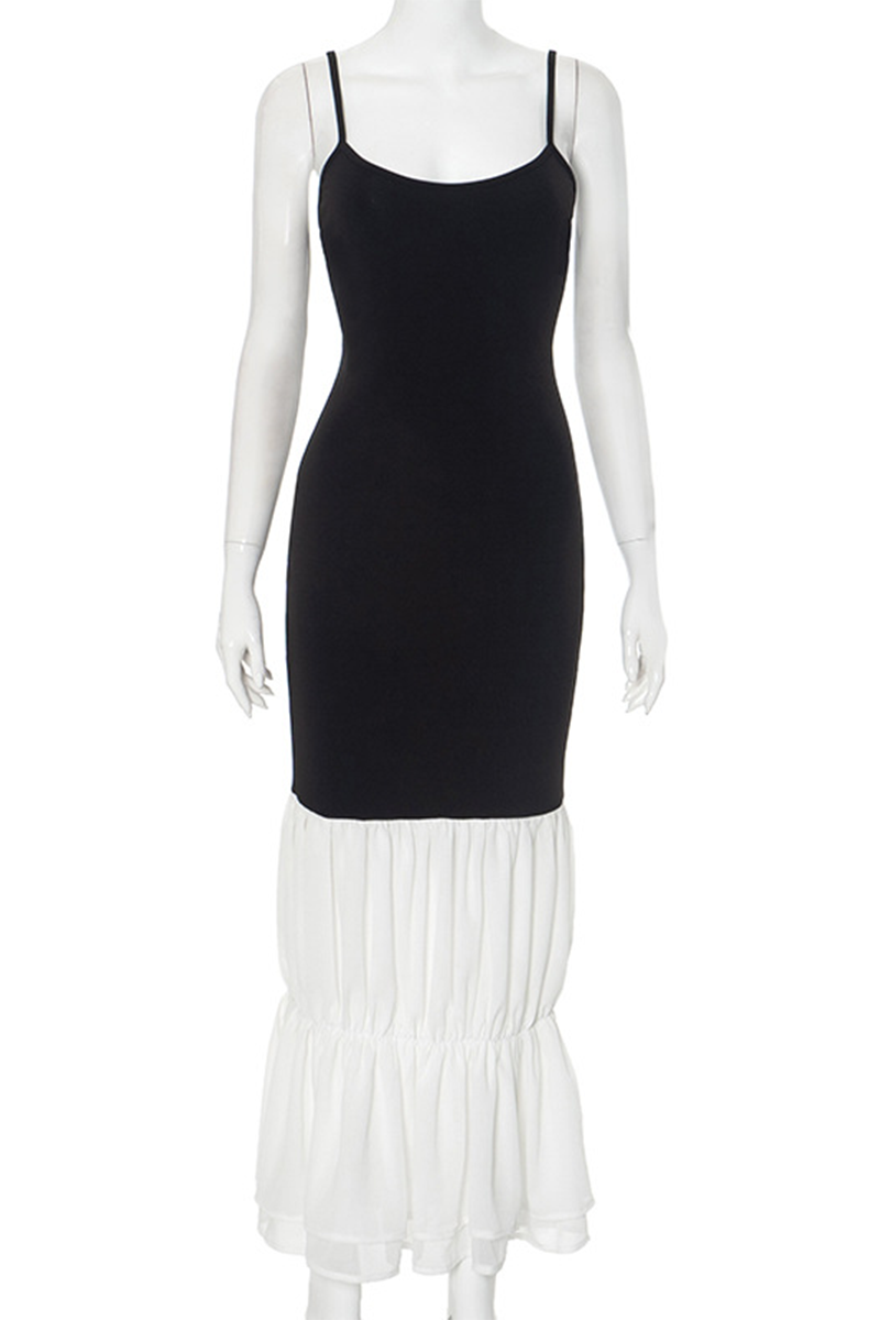 Vestidos sexys con escote en U, espalda descubierta y volantes en contraste